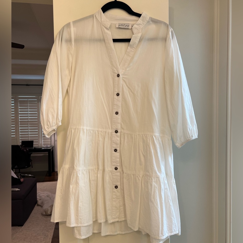 Tiered long sleeve mini dress in white